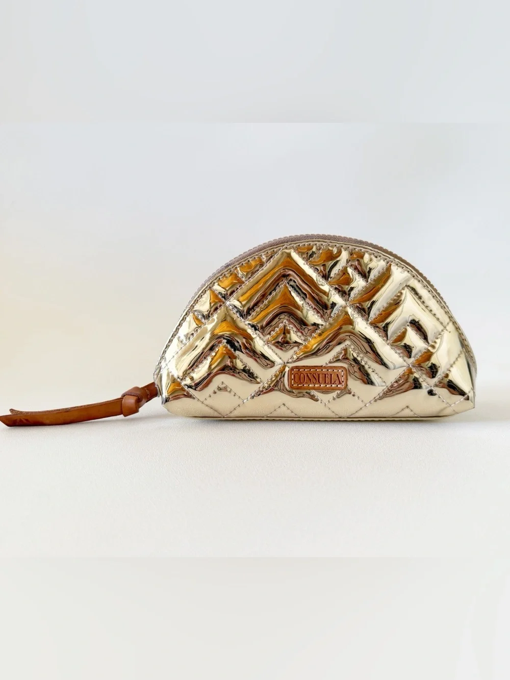 Consuela Bag Metallic Gold Quilted Cosmetic Make Up Case Chevron Travel Evadney